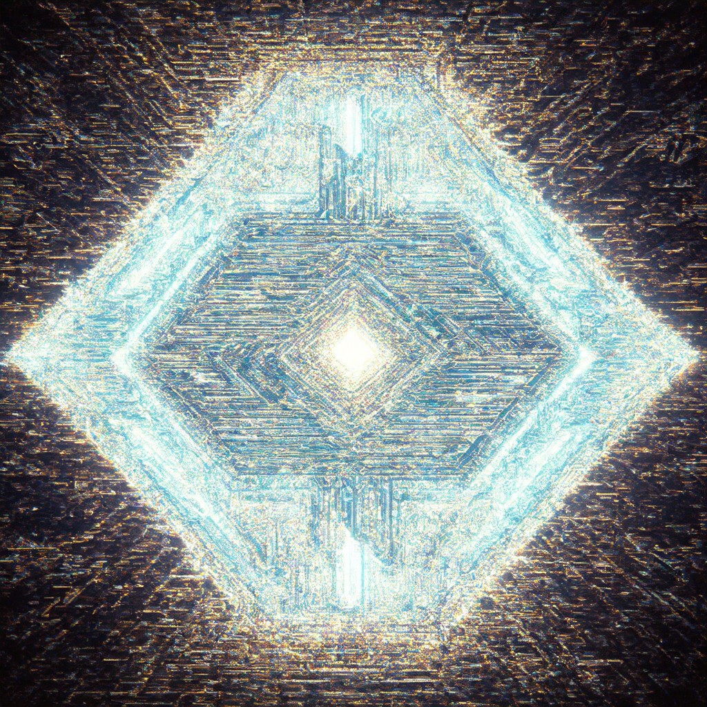 The image is a digital artwork featuring a glowing, symmetrical diamond shape with a bright center, set against a dark, textured background. The colors are predominantly blue and white, creating a mystical and ethereal atmosphere.