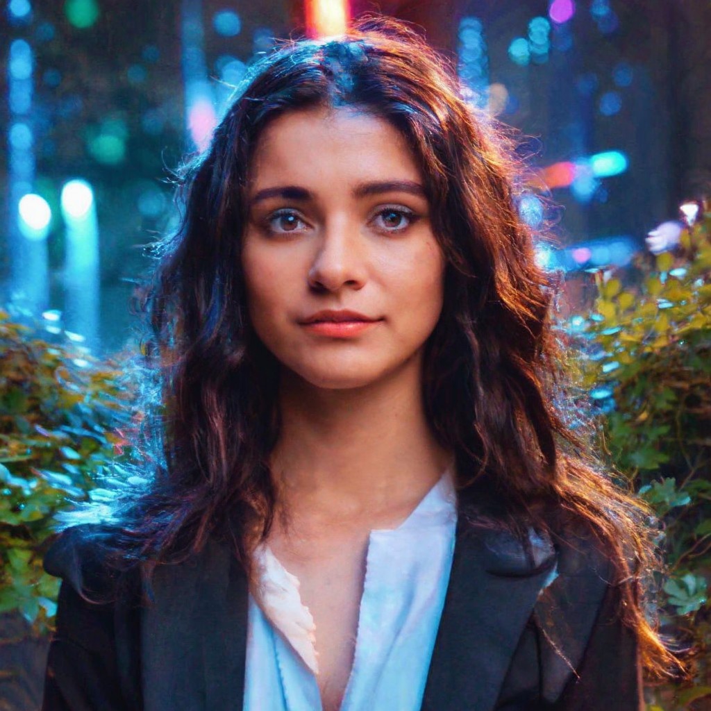 The image features a person with long, wavy hair in a dark blazer and light shirt, set against a vibrant, colorful background with blurred lights and greenery. The overall mood is lively and dynamic.