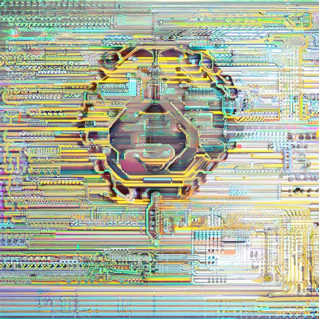 The image is a vibrant, abstract representation of a circuit board with a central hexagonal pattern, surrounded by intricate pathways and components in shades of yellow, green, blue, and purple, creating a dynamic and energetic mood.