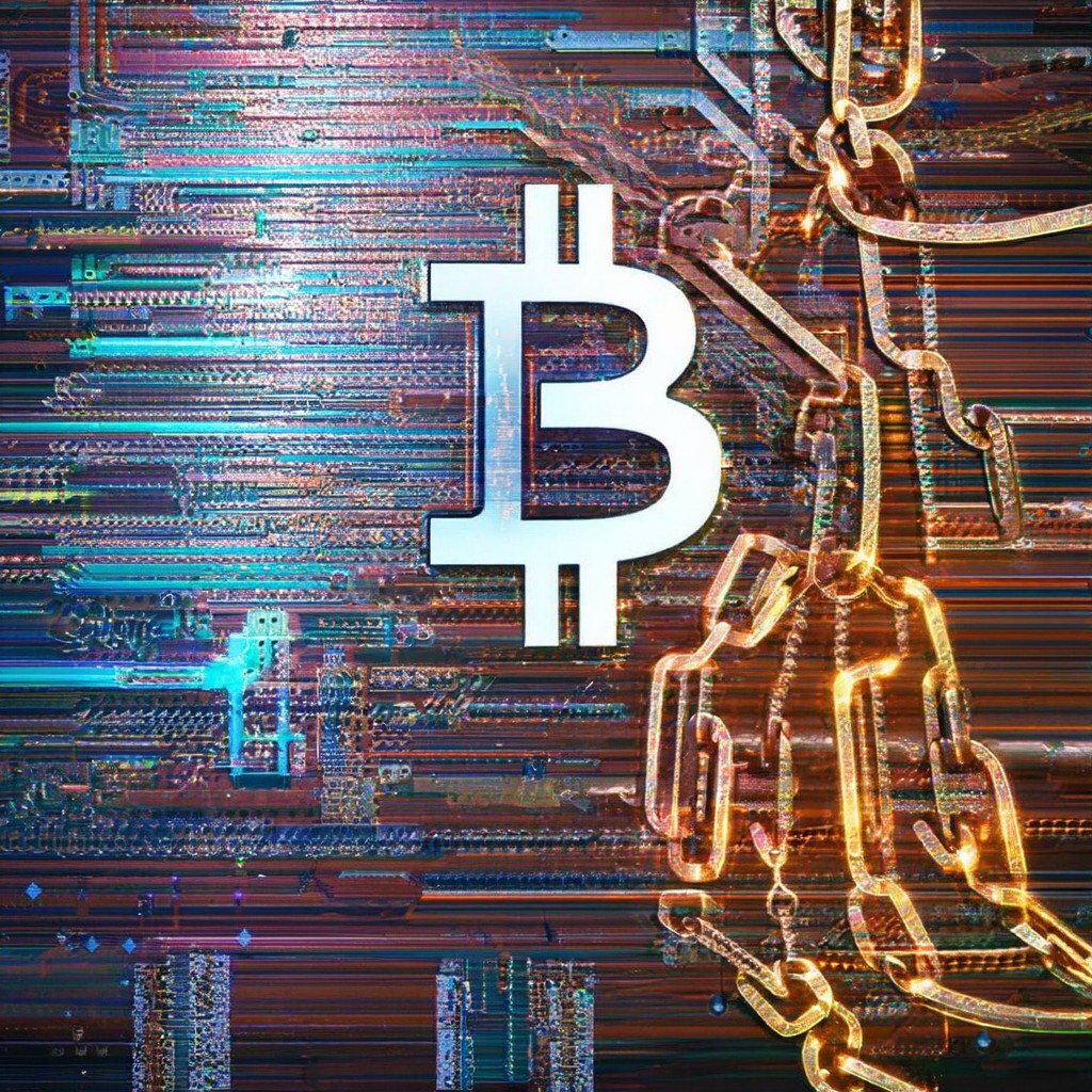 The image features a large Bitcoin symbol with a digital, circuit-like background. The Bitcoin symbol is white and prominently displayed in the center, with a glowing, golden chain-like structure extending from the right side. The background is a mix of blue, green, and red hues, giving it a vibrant and futuristic appearance. The overall mood is dynamic and energetic, emphasizing the digital and technological nature of Bitcoin.