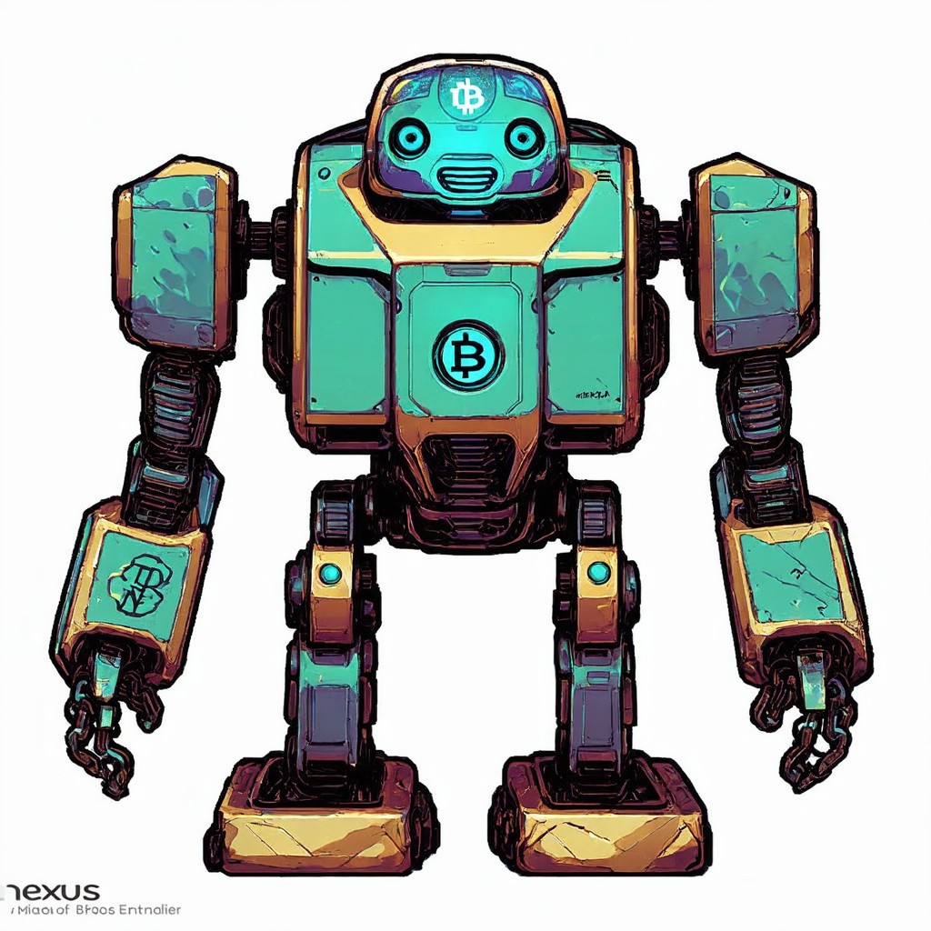 The image depicts a robot with a turquoise and gold body, large blue eyes, and a Bitcoin symbol on its chest. The robot has a futuristic and mechanical appearance, with a blocky and angular design.