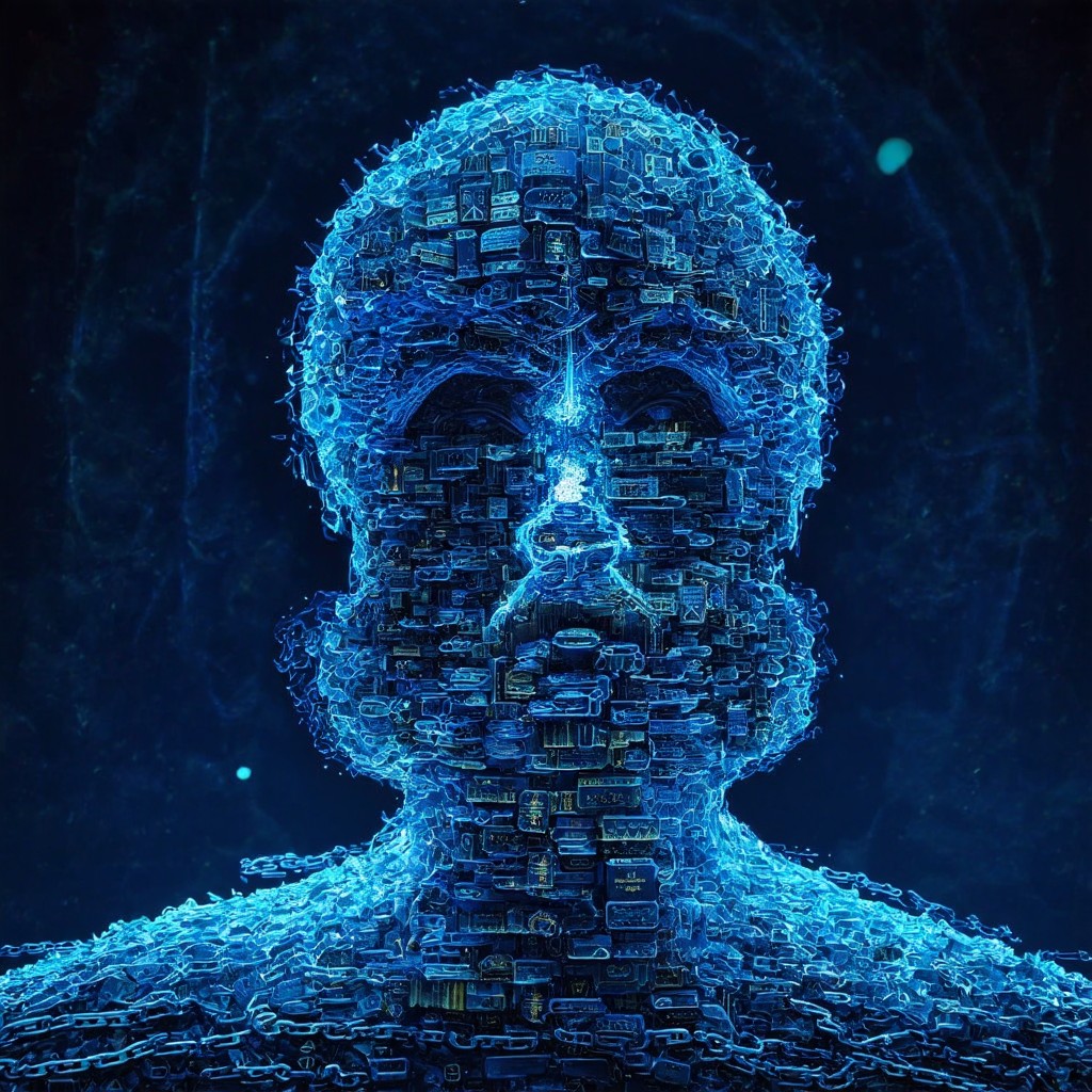 The image depicts a human head made of electronic components, glowing blue against a dark background, creating a futuristic and technological mood.