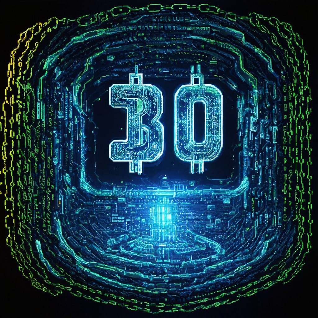The image is a digital artwork featuring the number '30' in a futuristic, neon-lit style, surrounded by intricate, glowing circuitry patterns in blue and green hues, creating a high-tech, cyberpunk atmosphere.