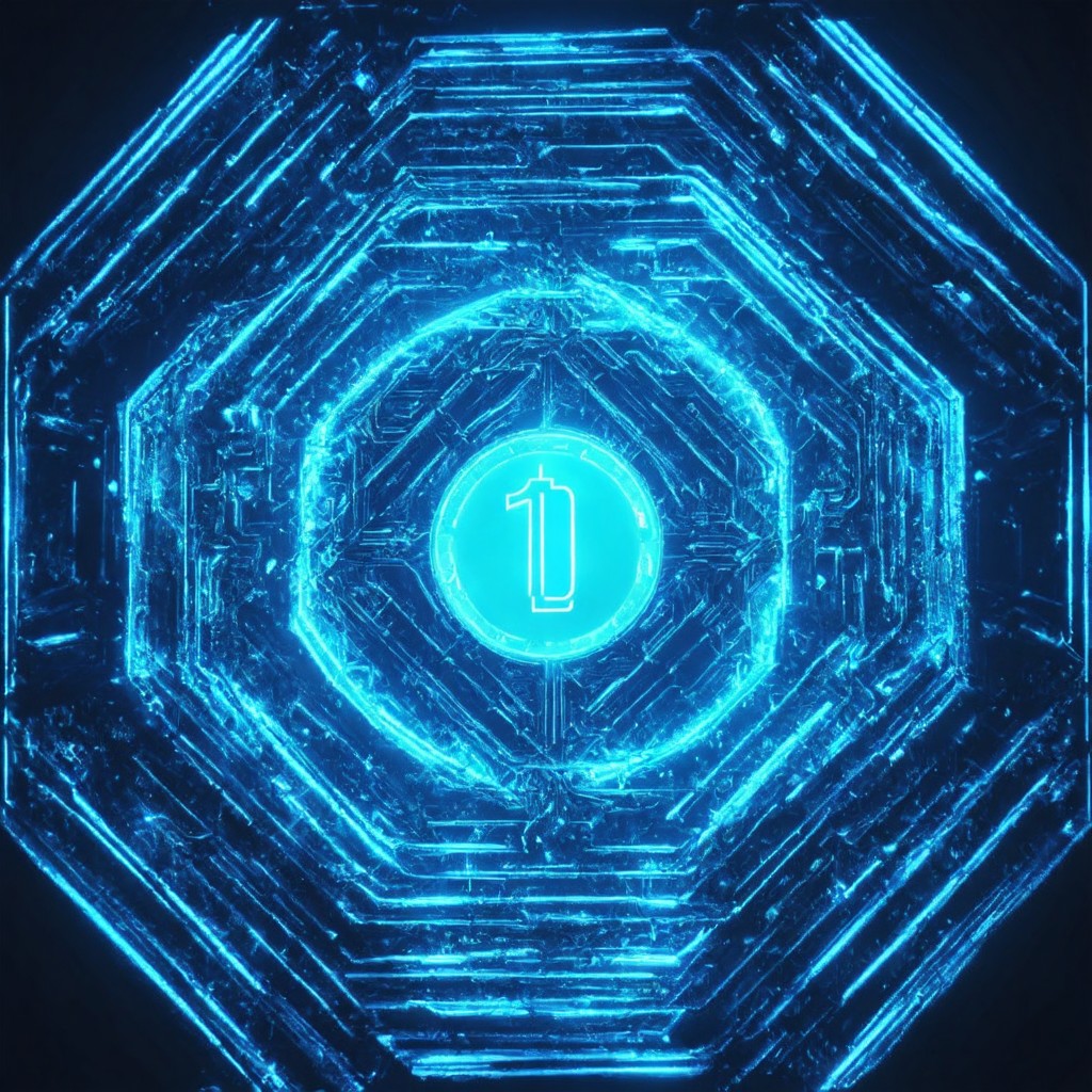 The image is a futuristic, neon blue digital artwork featuring a glowing number '1' at the center, surrounded by intricate, symmetrical patterns. The dark background enhances the vibrant, high-tech, and mysterious atmosphere.