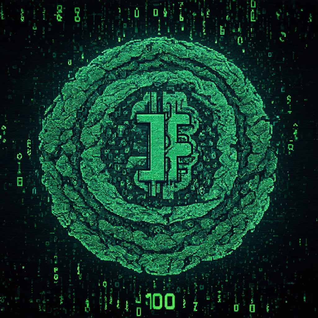 The image is a digital artwork featuring a green Bitcoin symbol surrounded by a digital, pixelated background. The word '100' is displayed at the bottom, and the overall mood is futuristic and technological.