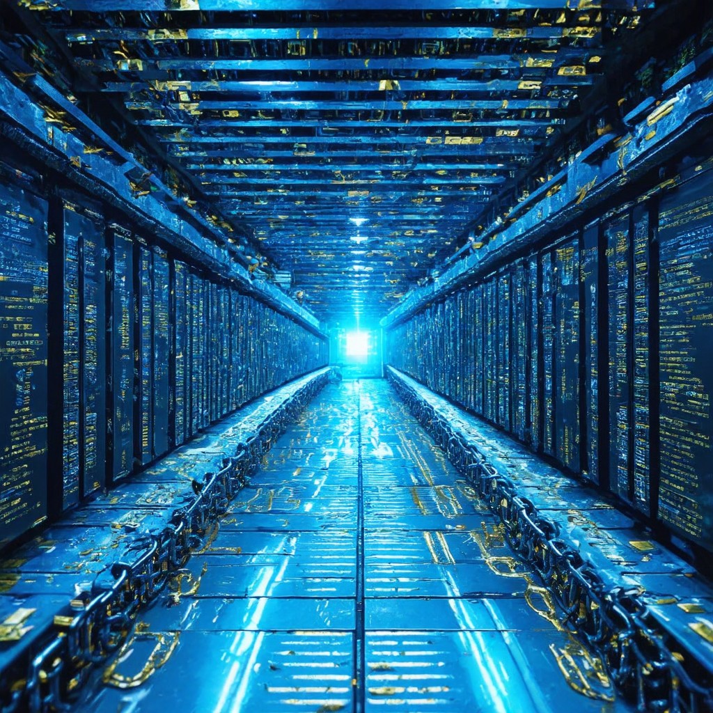 The image depicts a futuristic, digital data center with rows of servers illuminated by blue and yellow lights. The central light source creates a glowing effect, and the floor is covered with chains and cables, giving a sense of depth and complexity.